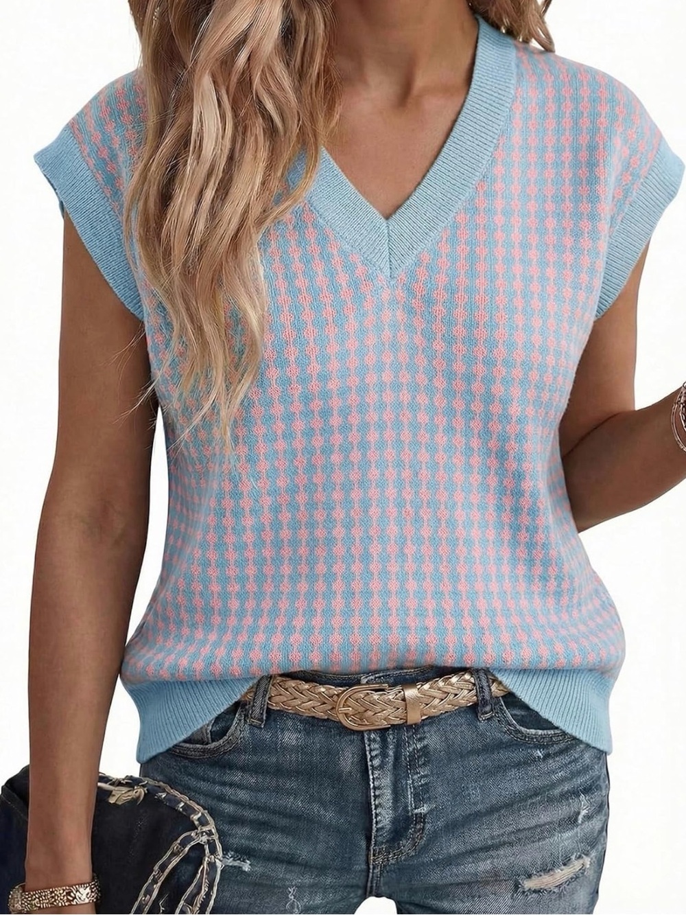 V-Neck Sleeveless Knit Sweater Vest in Light Blue and Pink Size 2X